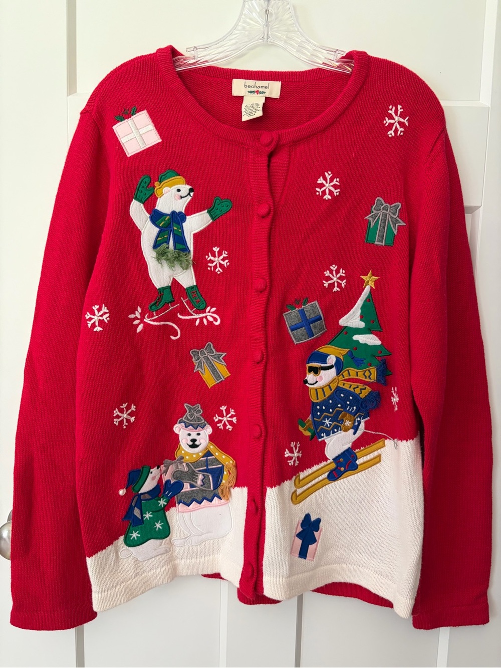Vintage 90s Christmas Sweater Cardigan L Polar Bear Embroidered Grandma Chic